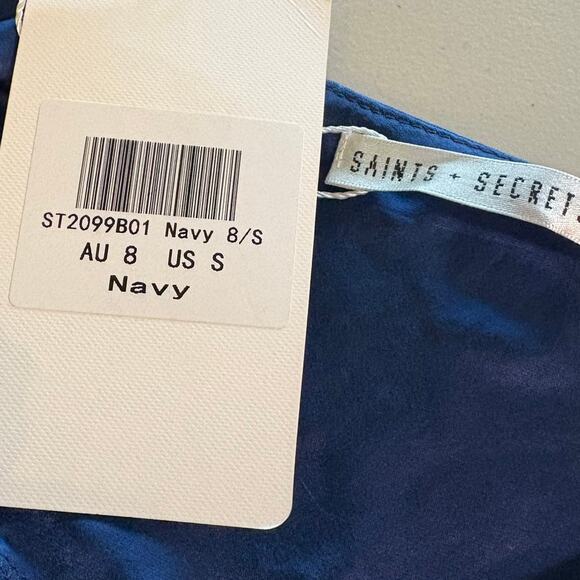 Saint + Secrets NWT Navy Blue Downtown Cami Strap Front Split Midi Dress Size S - Picture 6 of 9